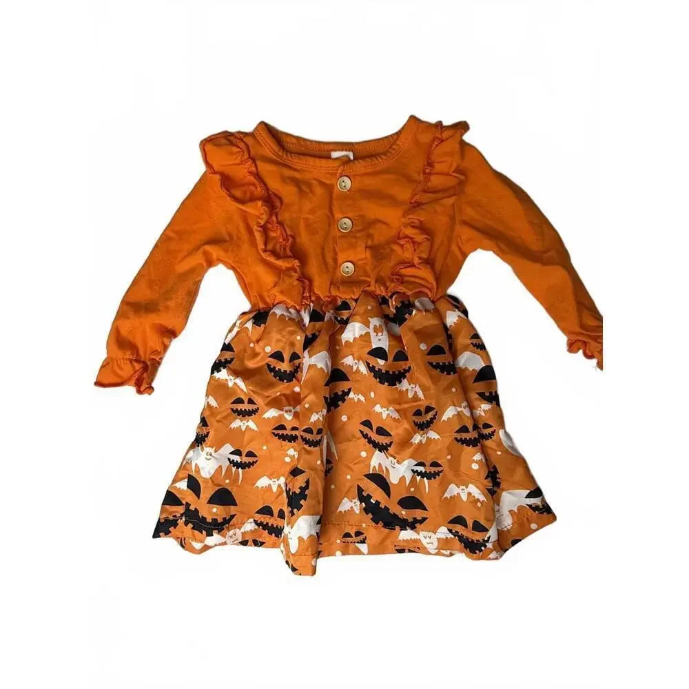 Halloween Dress Girls 18-24M Orange Pumpkin Bat Ghost Ruffle Long Sleeve Party